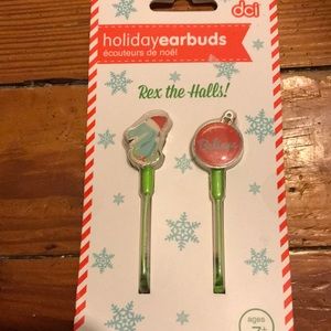 DCI holiday "Rex the Halls" dinosaur and red ornament ear buds